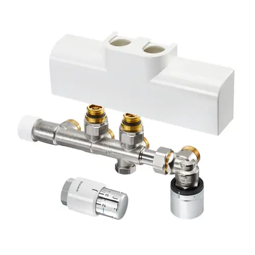 Oventrop Heizkörperanschluss-Set mit Multiblock T-RTL und Uni SH-Thermostat, bestehend aus Verbindungsarmatur und Designabdeckung in weiß und Chrom.